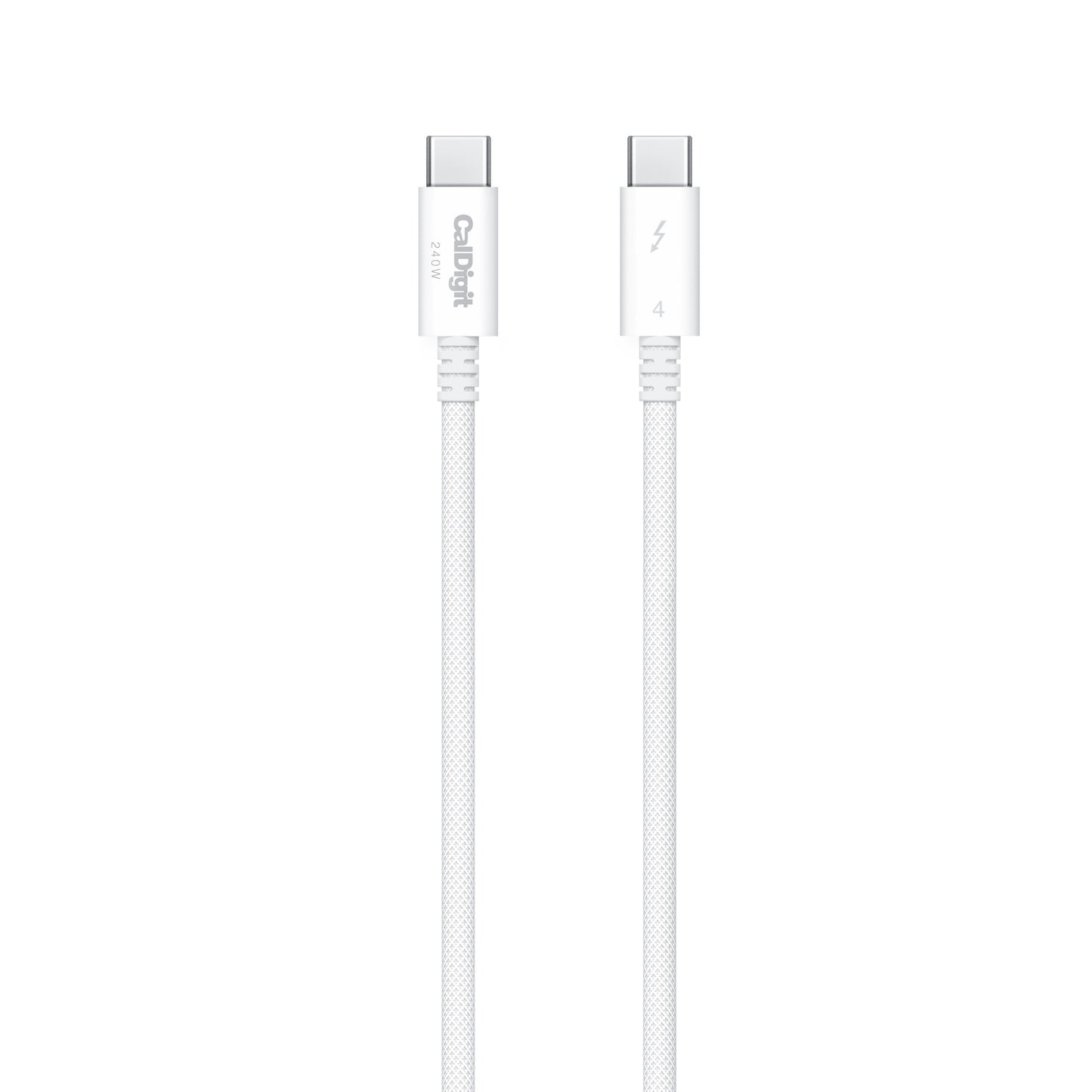 White cable with Thunderbolt 4 connectors on a white background