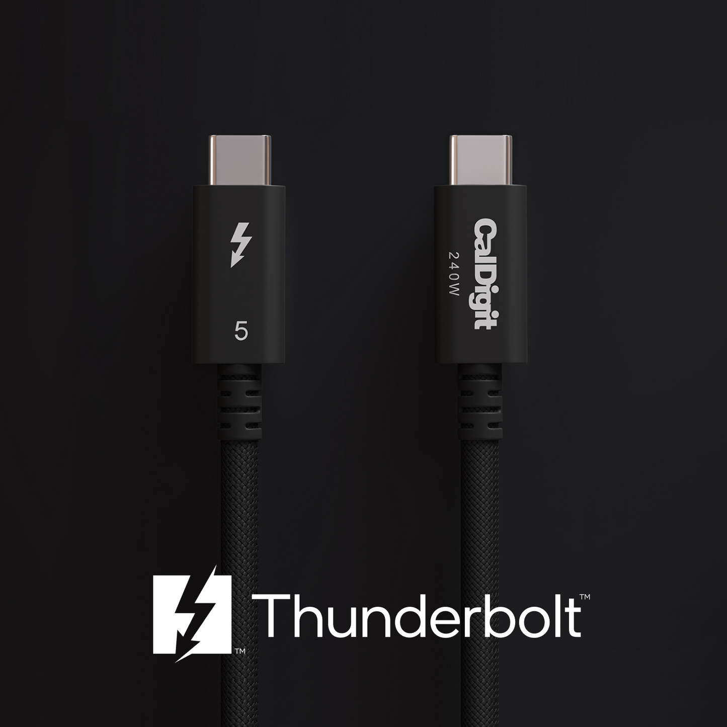 Two black cables with 'CalDigit' branding on a dark background, featuring the Thunderbolt logo.