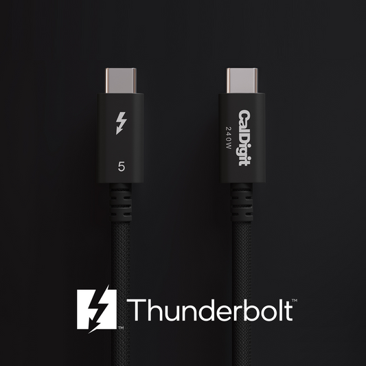 Two black cables with 'CalDigit' branding on a dark background, featuring the Thunderbolt logo.