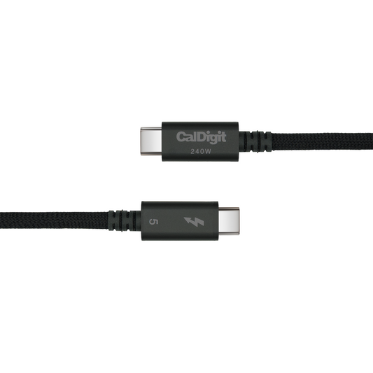 CalDigit 240W Thunderbolt 5 cable with black braided strap and connector housings.