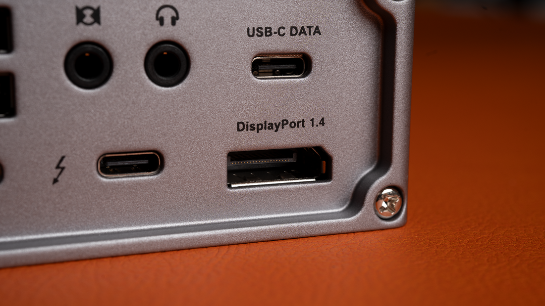 The rear of the TS4, featuring the DisplayPort 1.4 port.