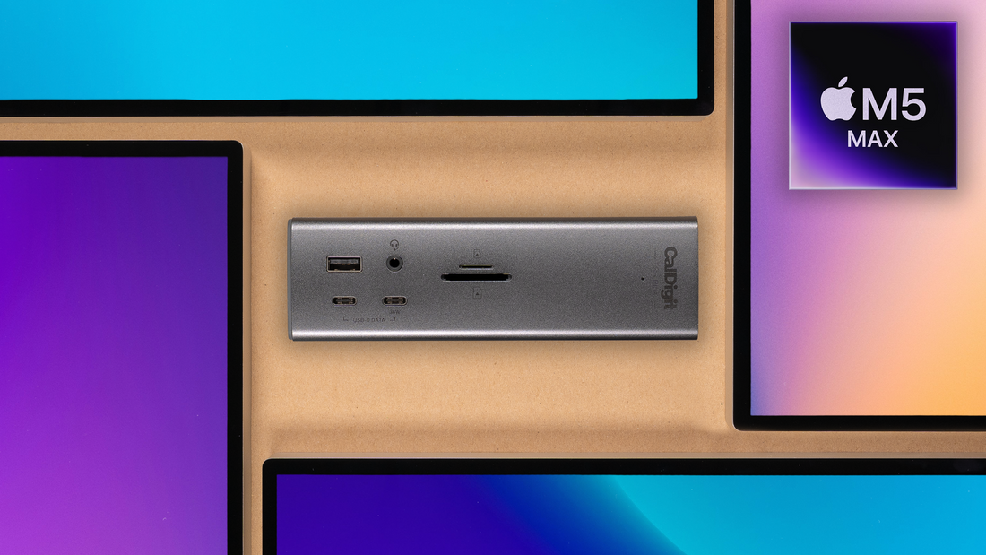 The TS5 Plus shown between 4 monitors along with the M5 Max logo.