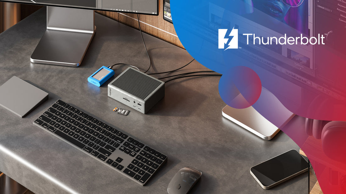 Image of the TS4 on a desk and the CalDigit Thunderbolt logo.