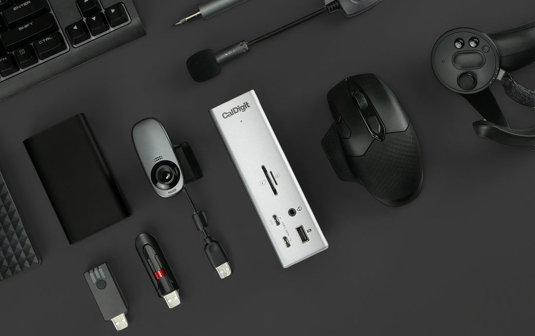 An image from above of a TS4 on a desk and lots of accessories around it.