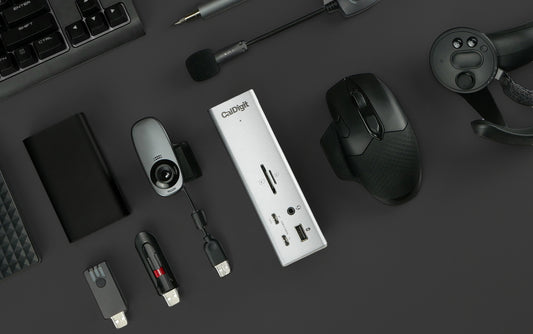 An image from above of a TS4 on a desk and lots of accessories around it.