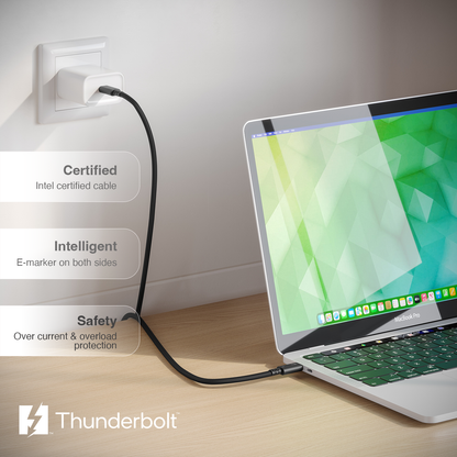 A CalDigit Thunderbolt 5 cable plugged into a wall outlet and connected to a laptop on a desk, with feature callouts reading Certified, Intelligent, and Safety. The Thunderbolt logo appears at the bottom left.