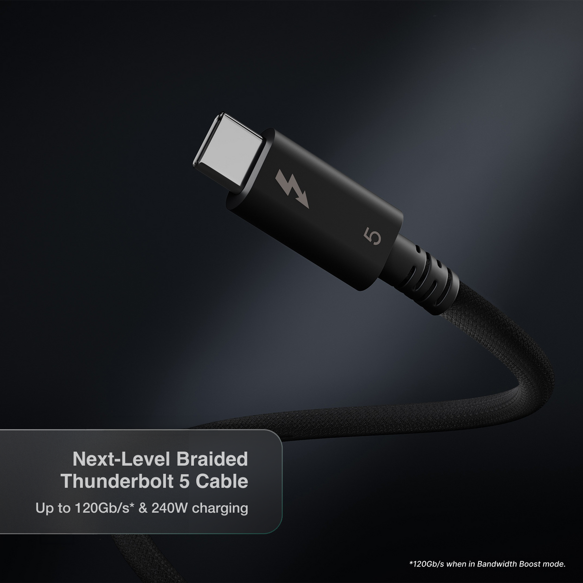 A black braided CalDigit Thunderbolt 5 cable, with a text overlay at the bottom left reading 'Next-Level Braided Thunderbolt 5 Cable Up to 120Gb/s & 240W charging'.