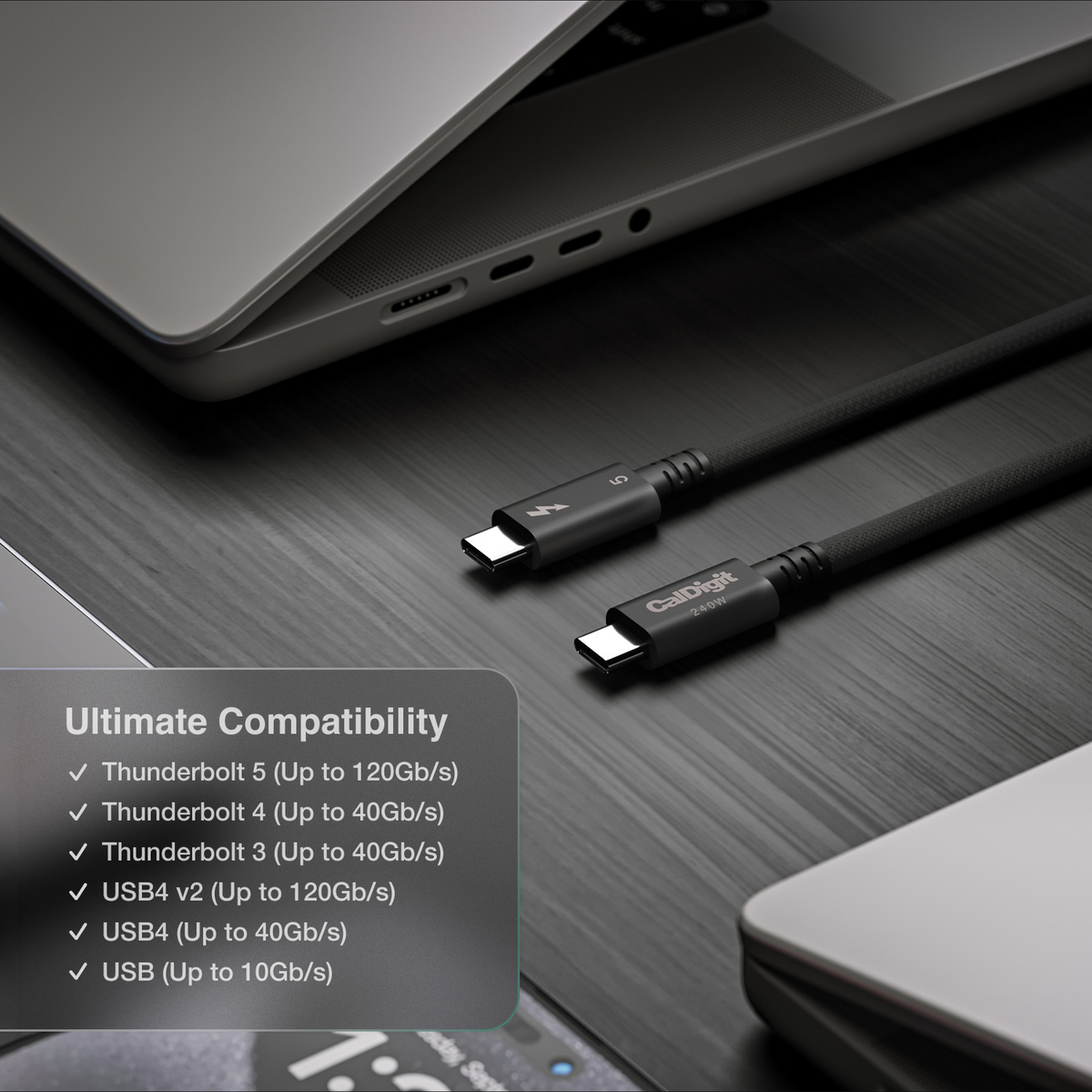 A braided CalDigit Thunderbolt 5 cable shown, with a text overlay detailing its compatibility with Thunderbolt 5/4/3, USB4 v2, and USB 4.0/10Gbps.