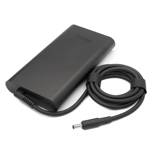 Black power adapter with cable on a white background