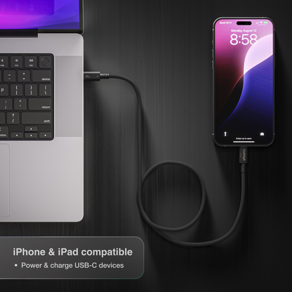 A CalDigit Thunderbolt 5 cable connecting a MacBook to an iPhone, with text noting iPhone and iPad compatibility.