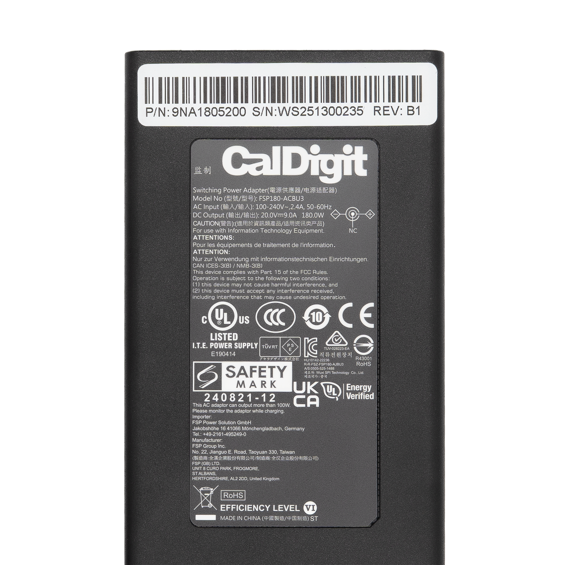 Thunderbolt 5 Element 5 Hub Power Adapter - Bottom Label View