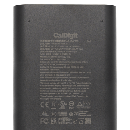 Back view of a CalDigit AC adapter with text and logos.