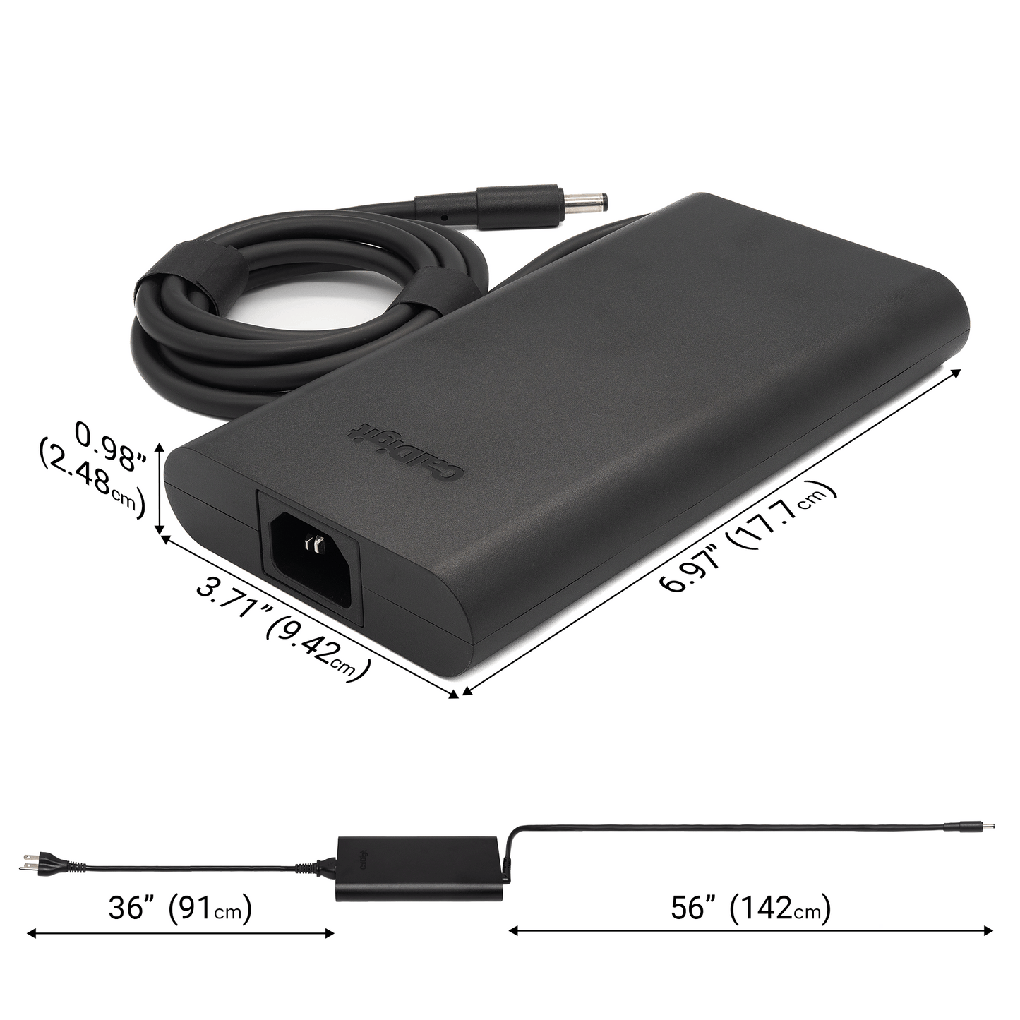 Black power adapter with cable, dimensions labeled on a white background