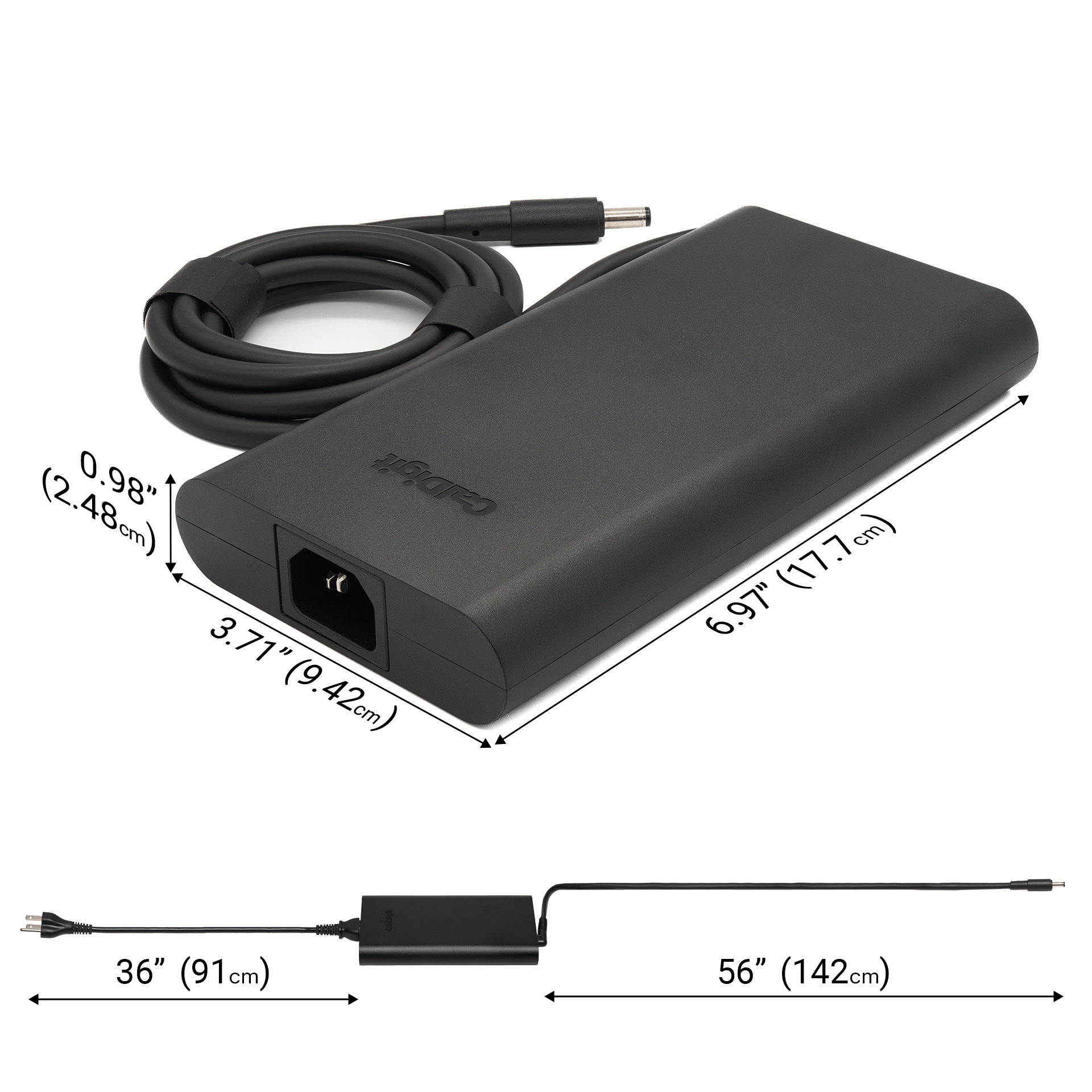 Black power adapter with cable, dimensions labeled on a white background