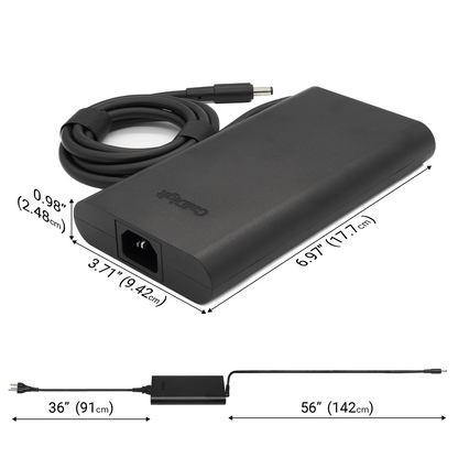 Black power adapter with cable, dimensions labeled on a white background