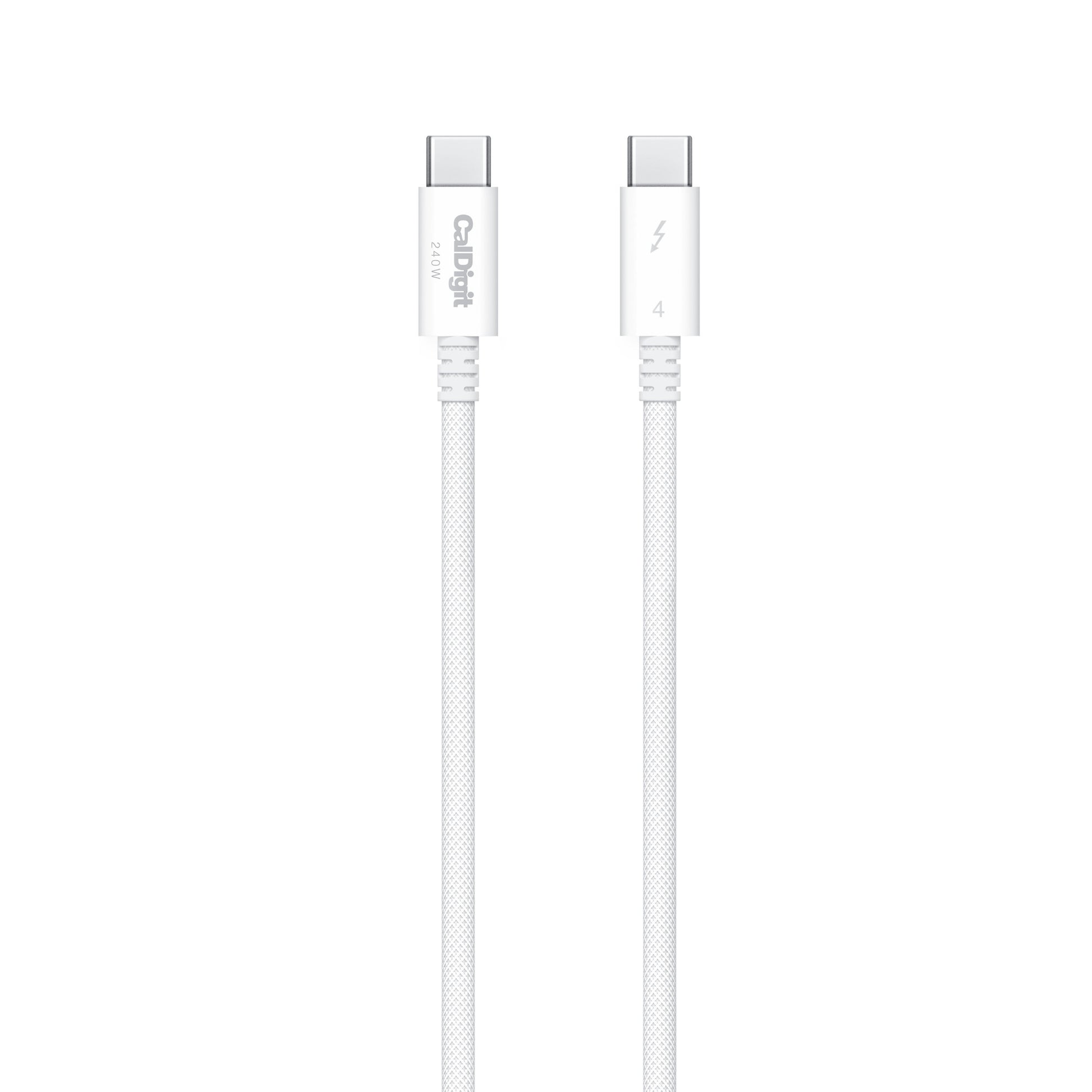 White cable with Thunderbolt 4 connectors on a white background