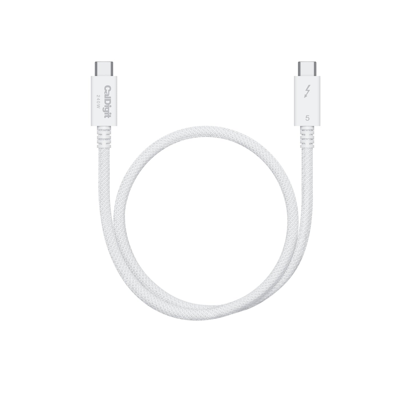 White Thunderbolt 5 cable with connectors on a white background