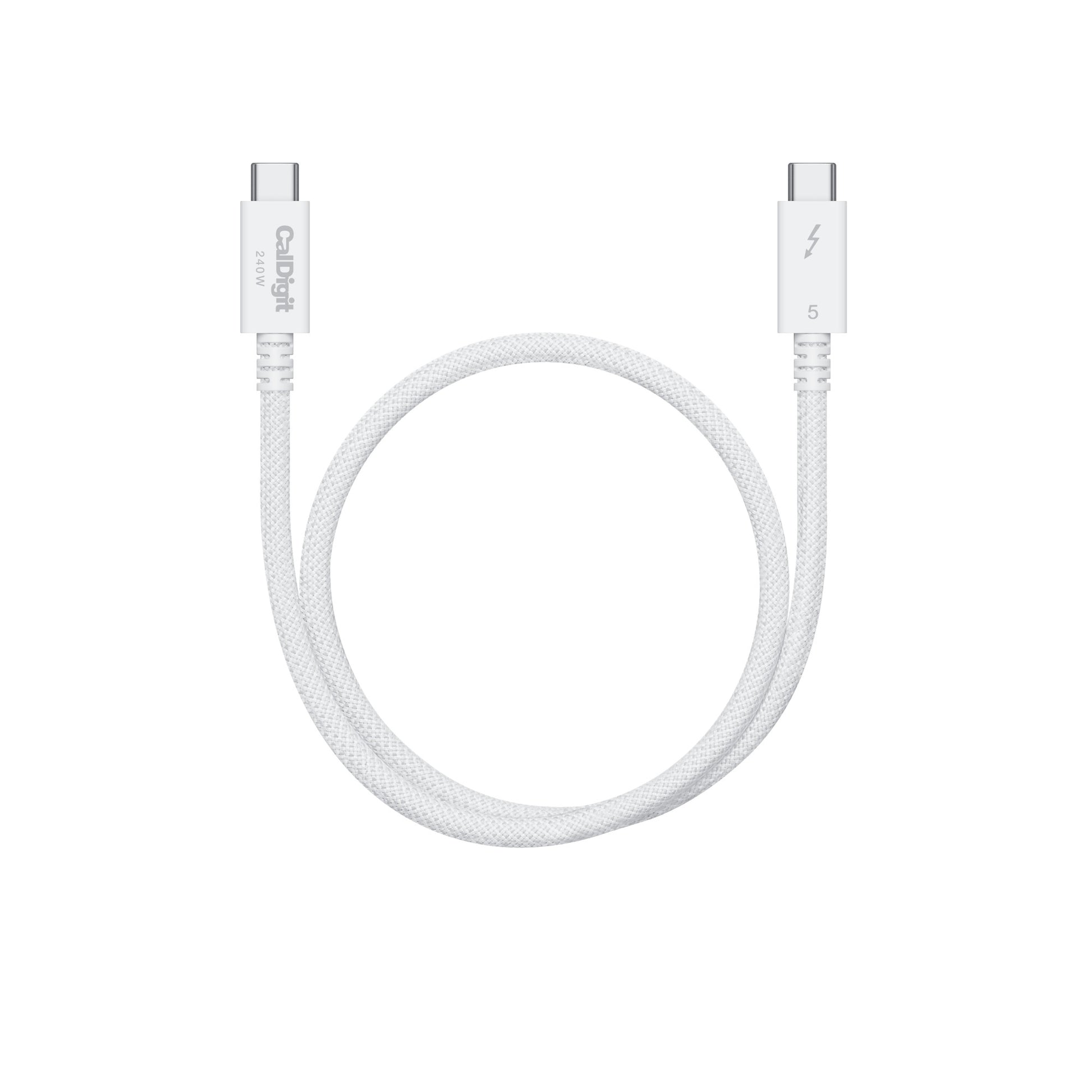 White Thunderbolt 5 cable with connectors on a white background