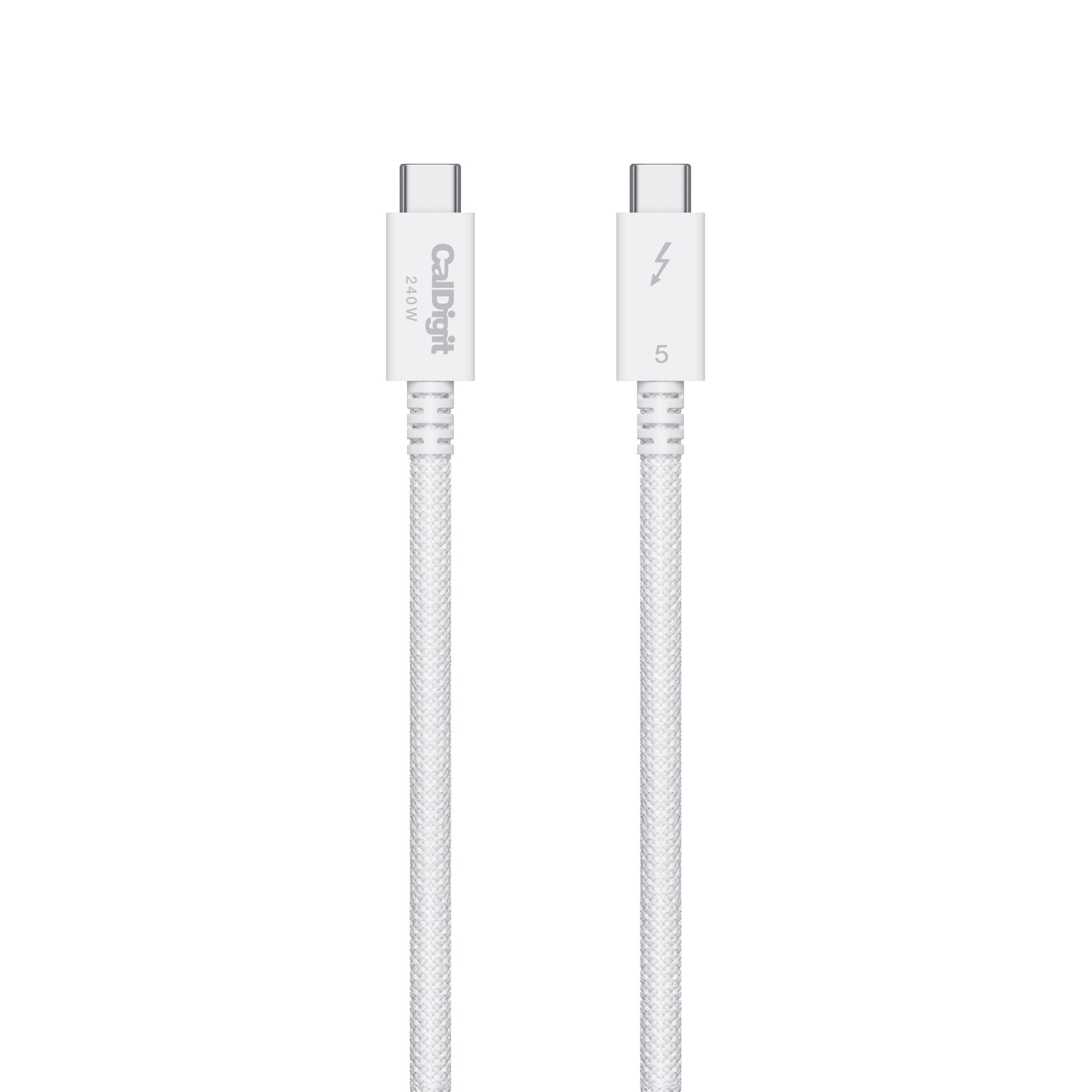 Thunderbolt 5 cables with lightning bolt symbols on a white background