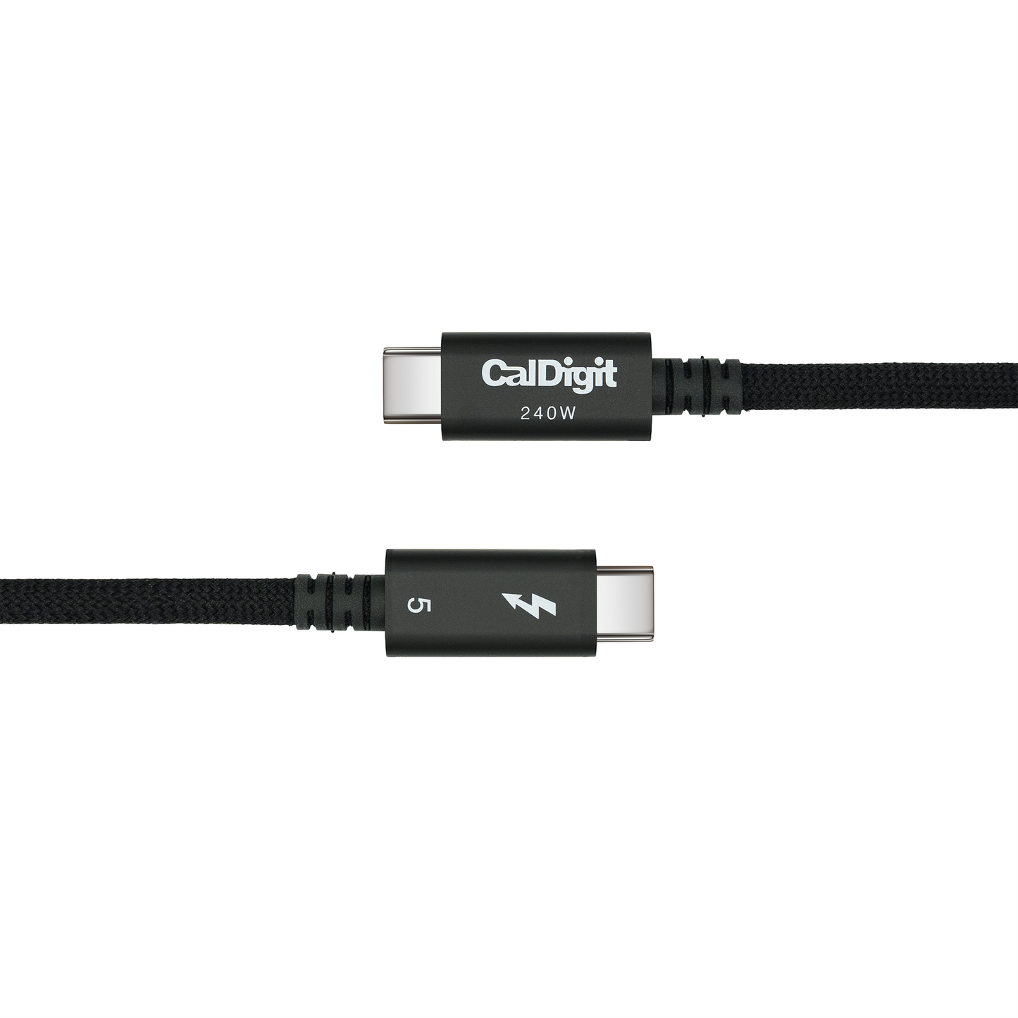 Black USB-C cable with CalDigit branding on a white background
