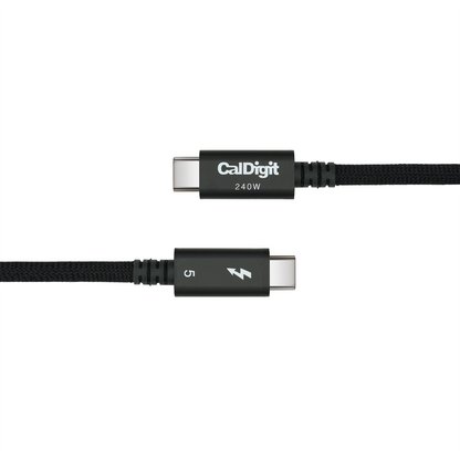Black USB-C cable with CalDigit branding on a white background