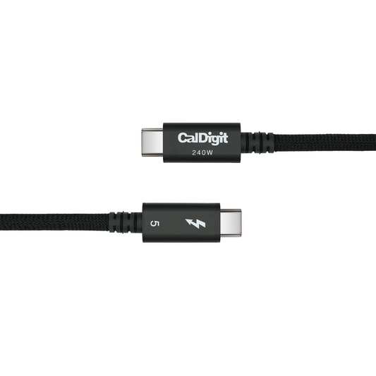 Black USB-C cable with CalDigit branding on a white background
