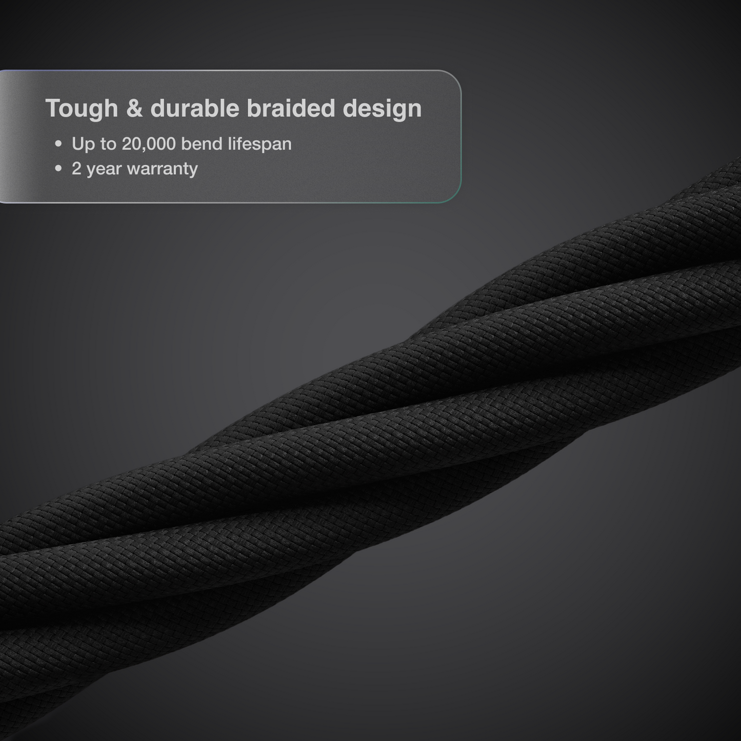 Black braided cable on a dark background with text highlighting durability and warranty.