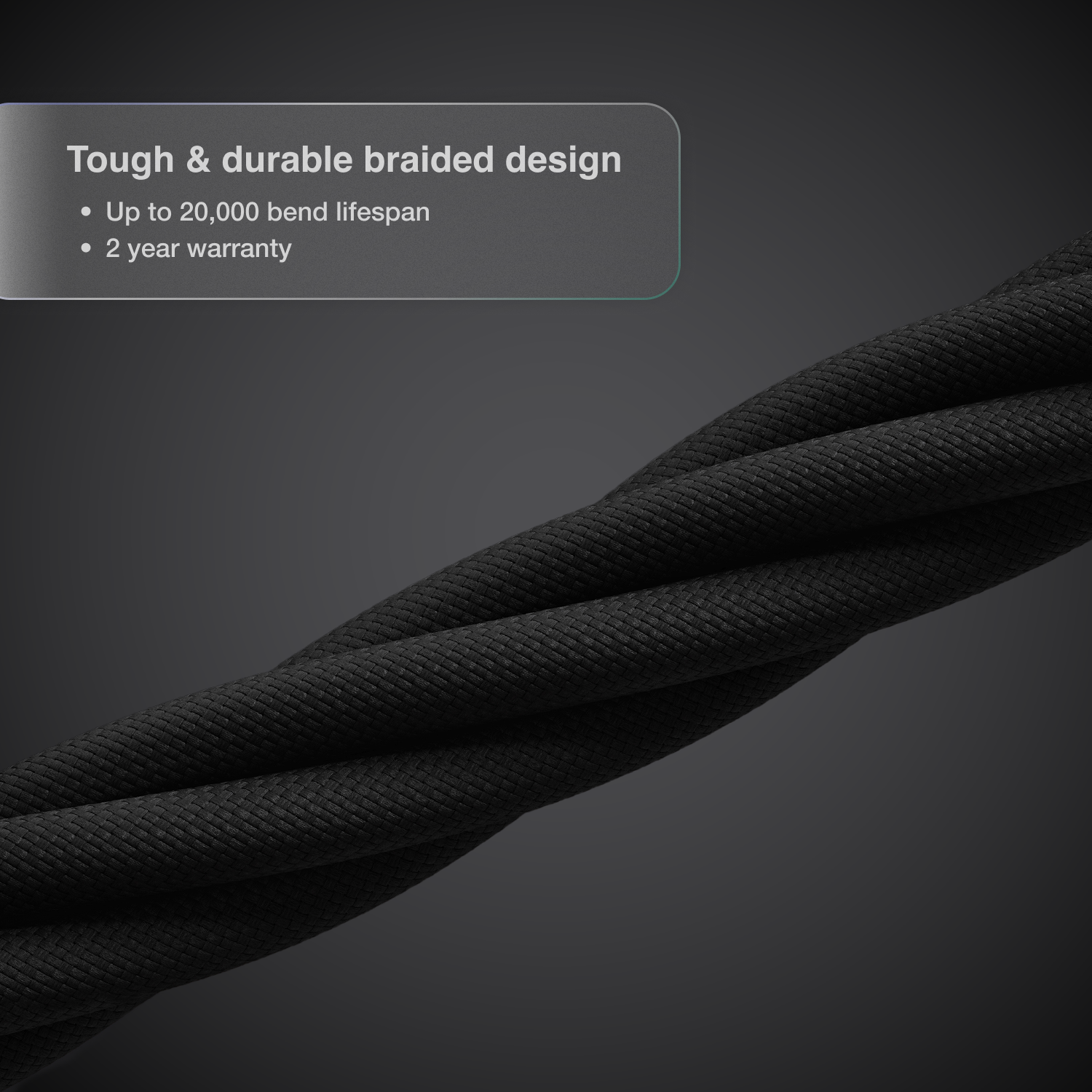 Black braided cable on a dark background with text highlighting durability and warranty.