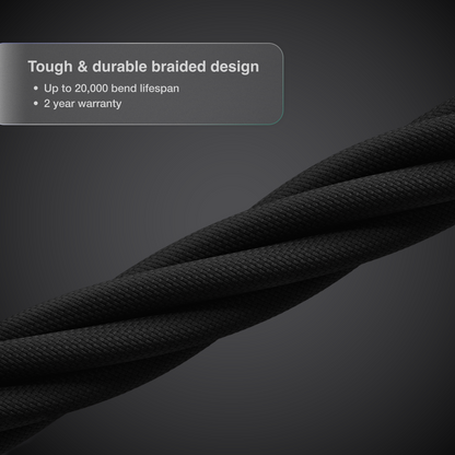 Black braided cable on a dark background with text highlighting durability and warranty.