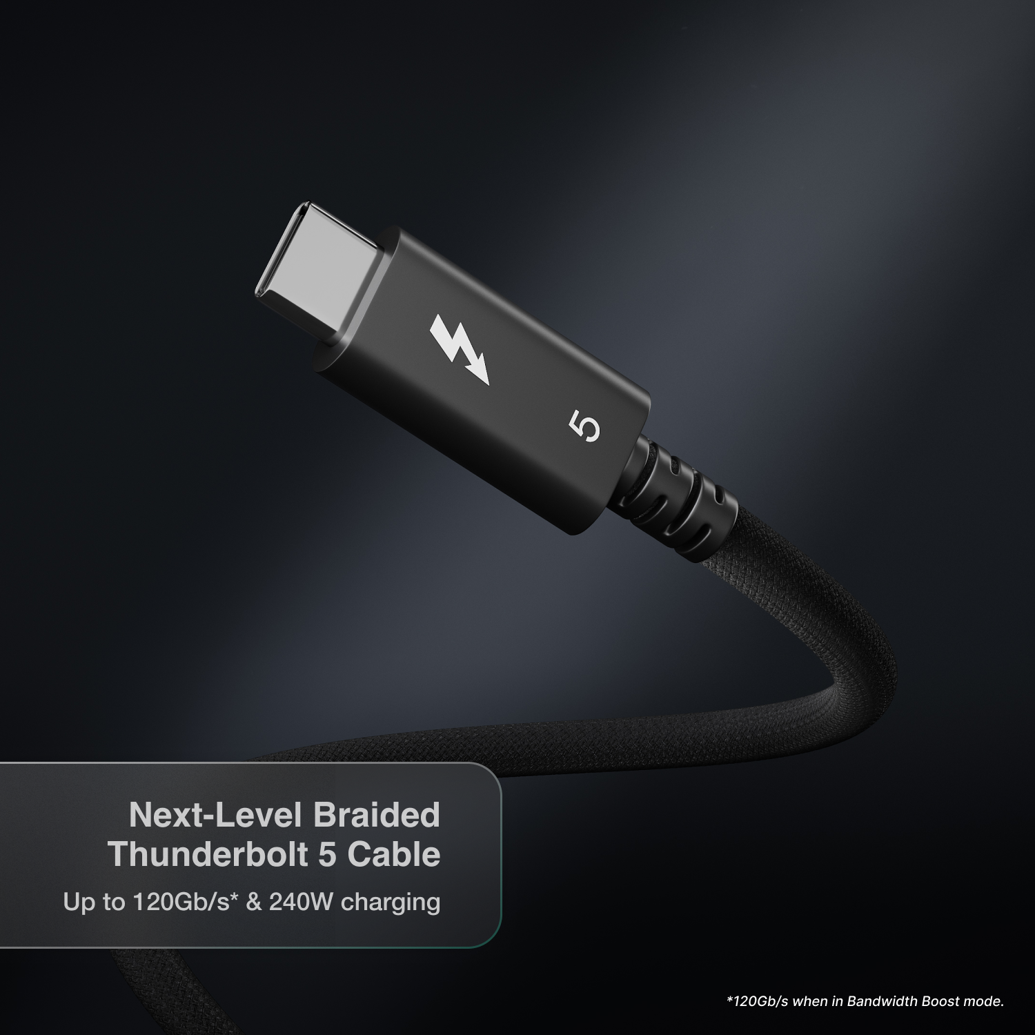 Next-Level Braided Thunderbolt 5 Cable on a dark background
