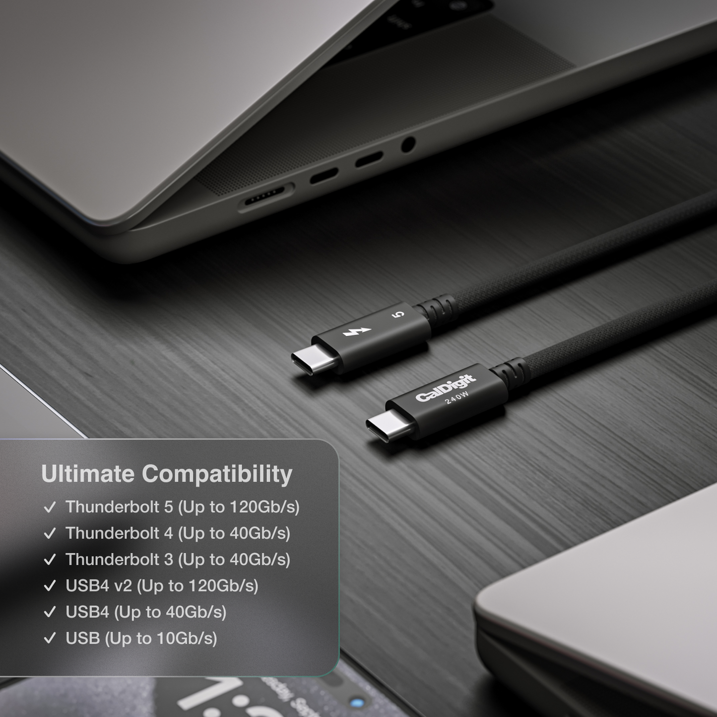 Black cable with connectors on a dark surface, featuring compatibility text.