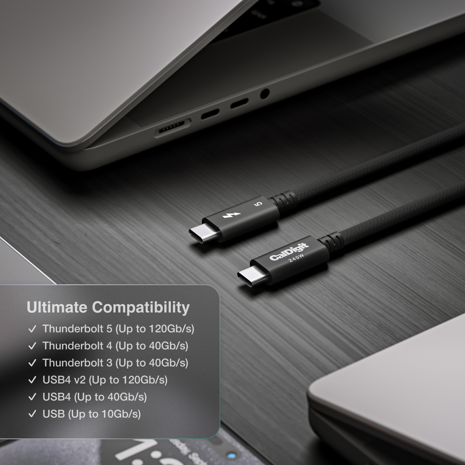 Black cable with connectors on a dark surface, featuring compatibility text.