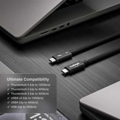 Black cable with connectors on a dark surface, featuring compatibility text.