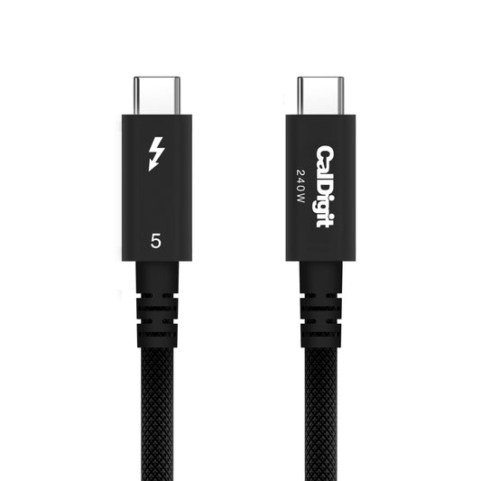 Black Braided Thundebolt 5 Cable with CalDigit Logo and Thunderbolt logo