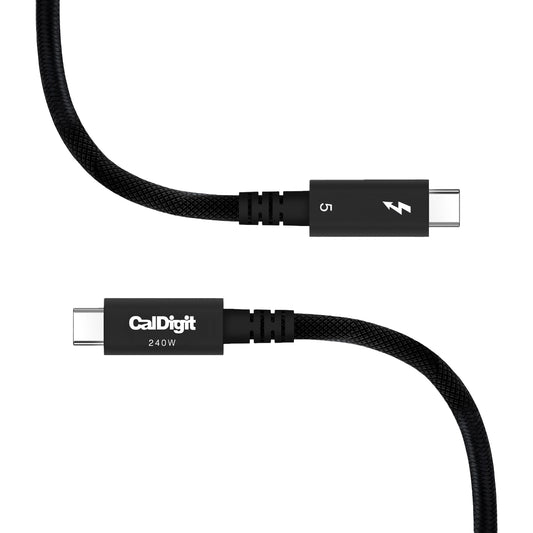 Black Braided Thundebolt 5 Cable with CalDigit Logo and Thunderbolt logo