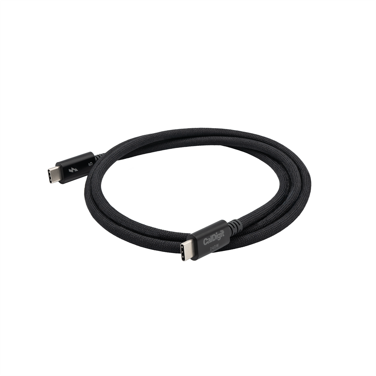 A black braided Thunderbolt 5 cable coiled, with the CalDigit brand name and 240 watts visible on one connector.