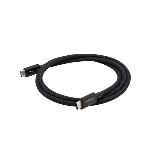A black braided Thunderbolt 5 cable coiled, with the CalDigit brand name and 240 watts visible on one connector.